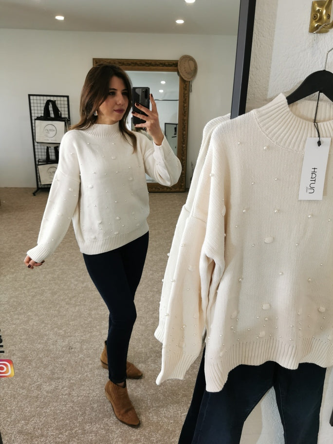 Beige Knit Sweater with Pearls