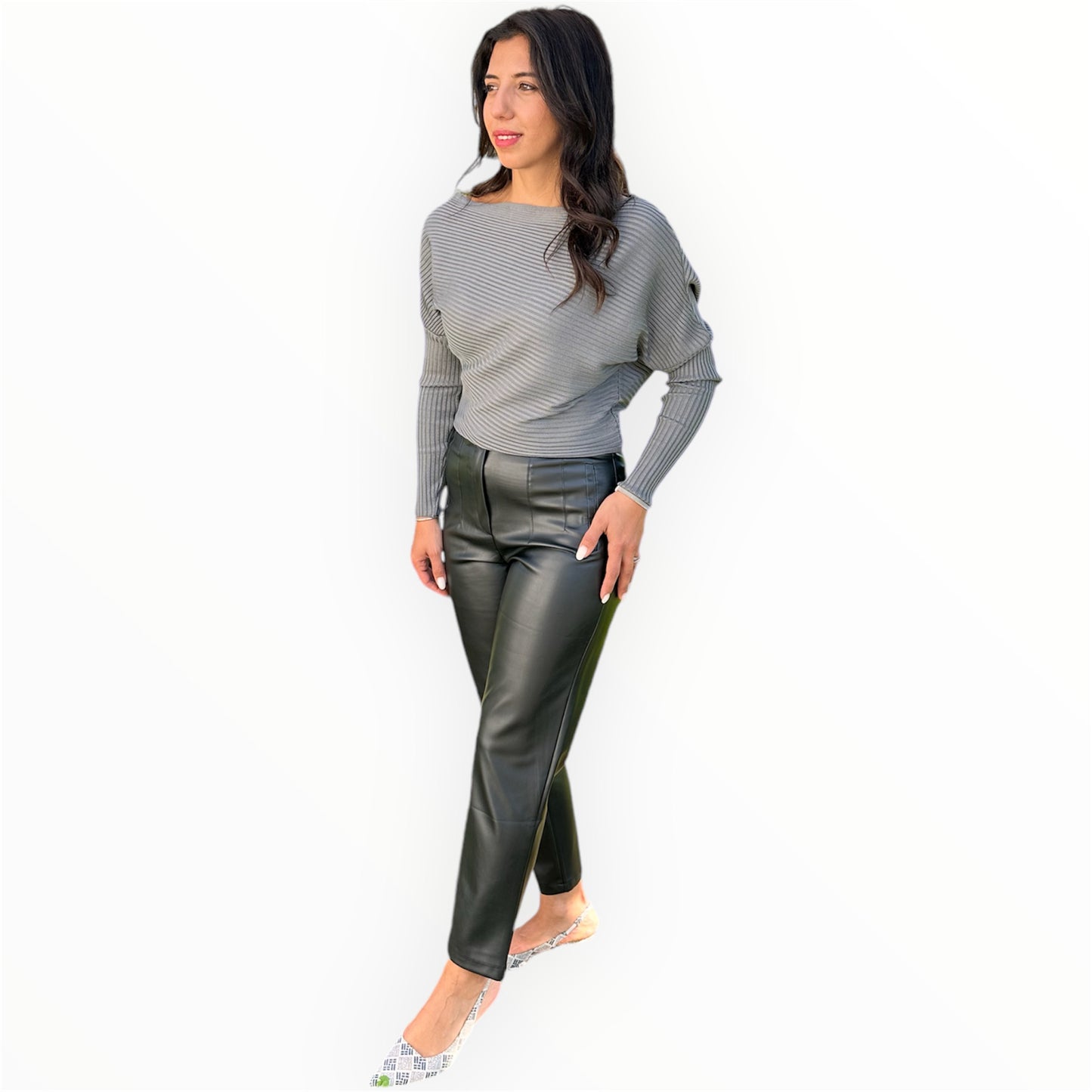 Leren broek met hoge taille - Zwart