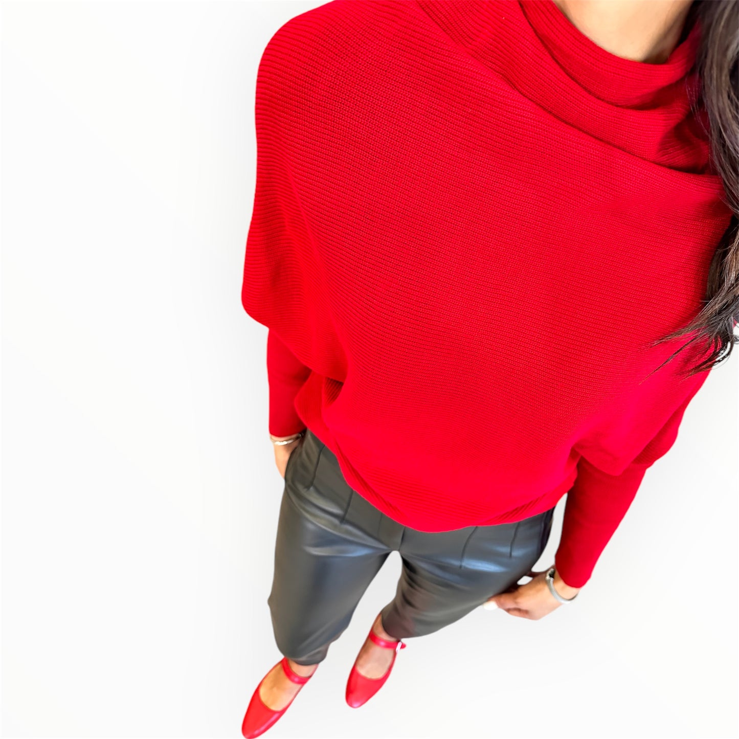 Batwing sleeve, knit sweater, solid color - Wine red