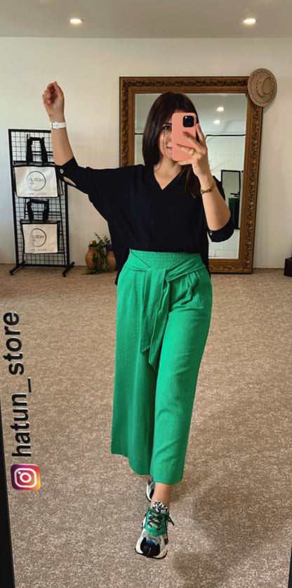 Green Linen Loose Trousers