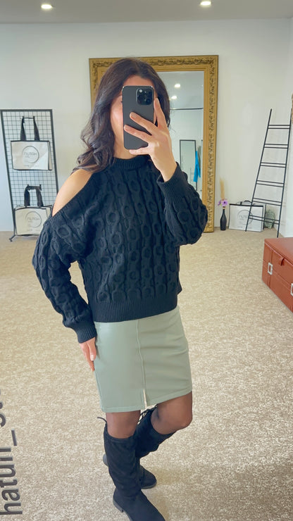 Black Open Shoulder Knit Sweater