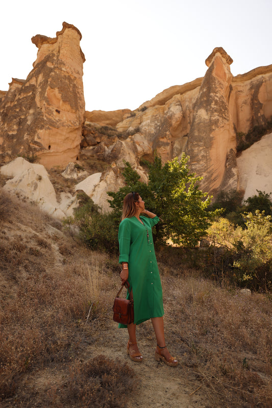 V Neck Shirt Dress- Green