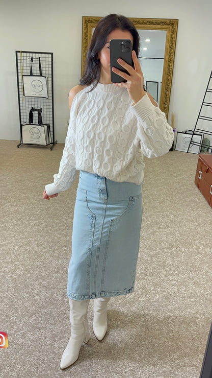 Open Shoulder Knit Sweater- Off White