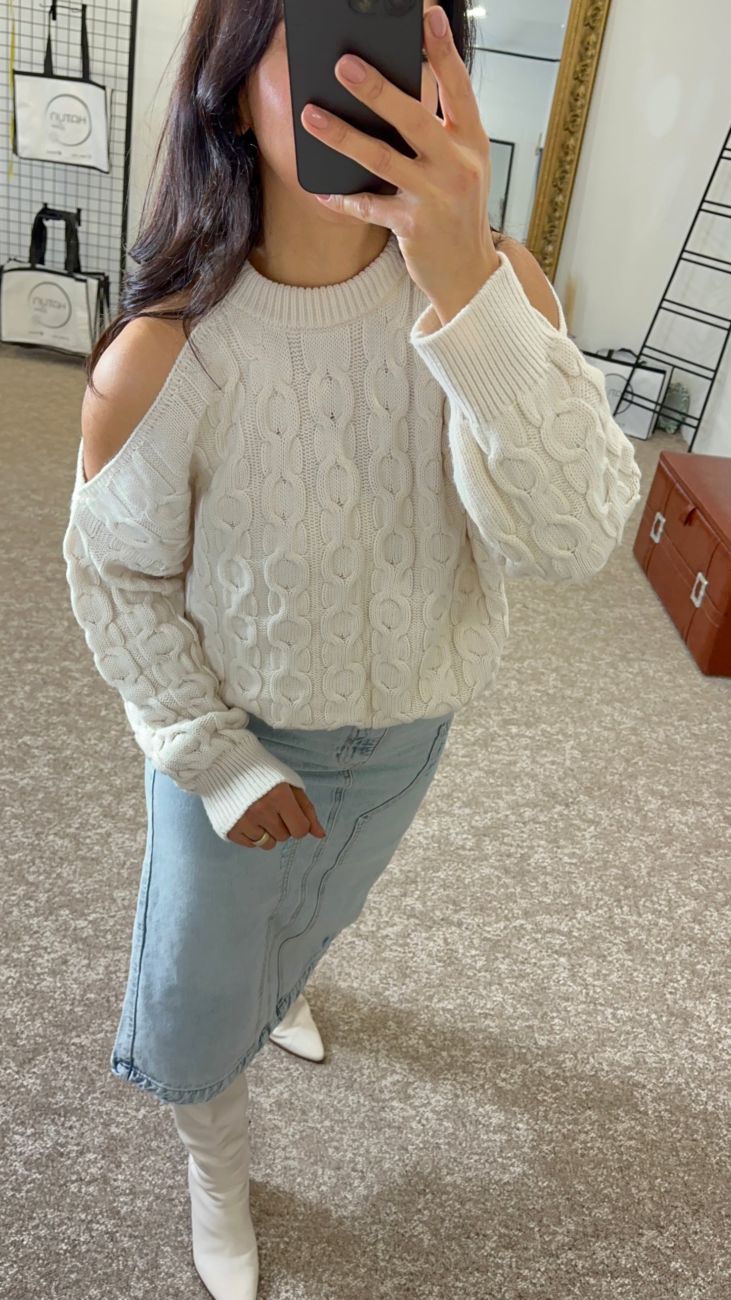 Open Shoulder Knit Sweater- Off White