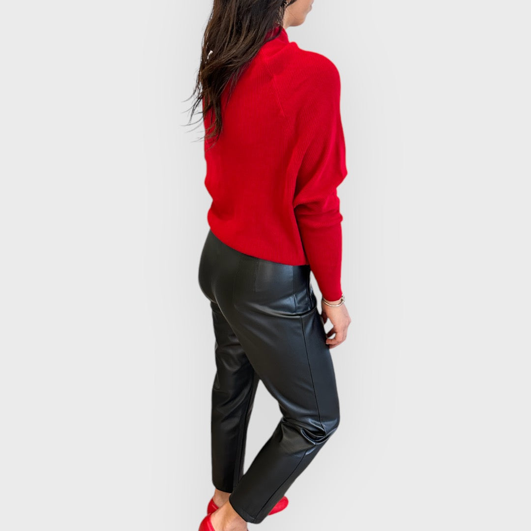 Leren broek met hoge taille - Zwart