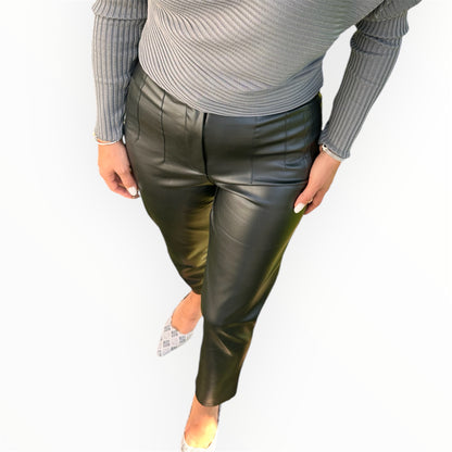 Leren broek met hoge taille - Zwart