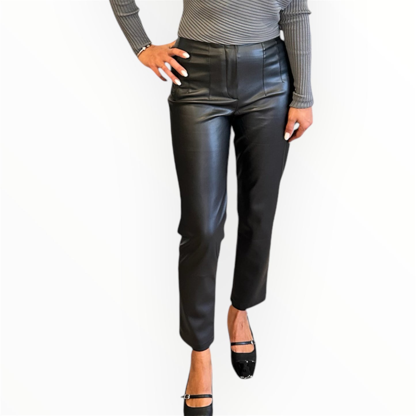 Leren broek met hoge taille - Zwart