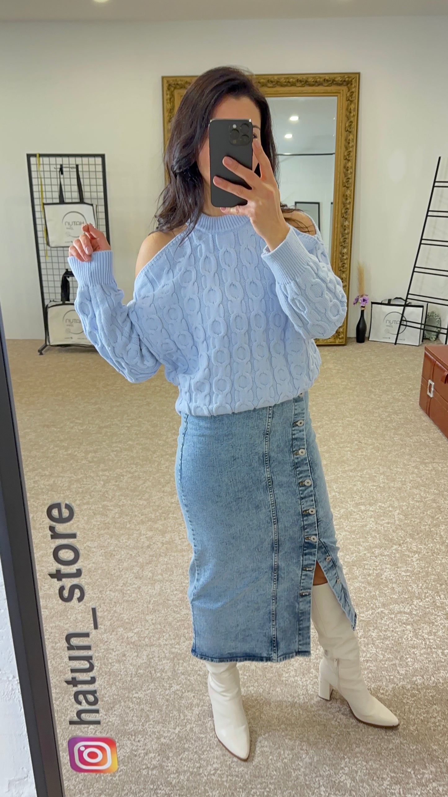 Baby Blue Open Shoulder Knit Sweater