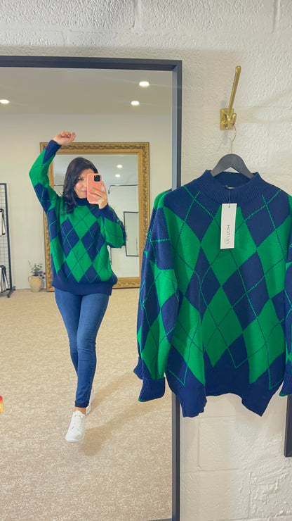 Argyle Pattern Sweater - Benetton Green Navy Blue