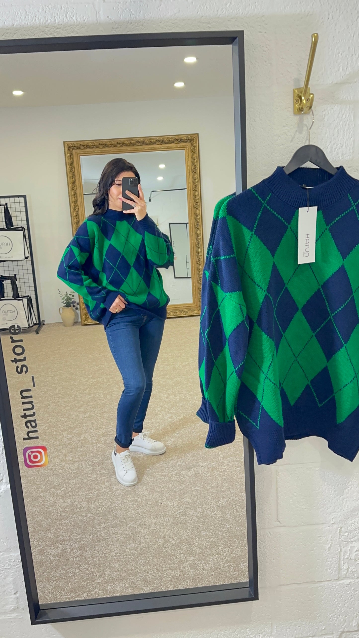 Argyle Pattern Sweater - Benetton Green Navy Blue