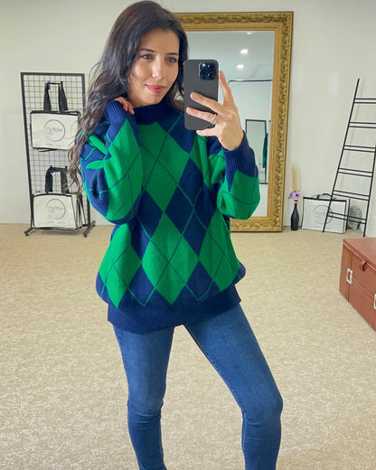 Argyle Pattern Sweater - Benetton Green Navy Blue