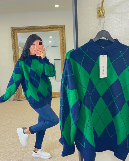 Argyle Pattern Sweater - Benetton Green Navy Blue