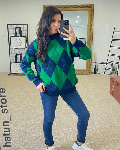 Argyle Pattern Sweater - Benetton Green Navy Blue