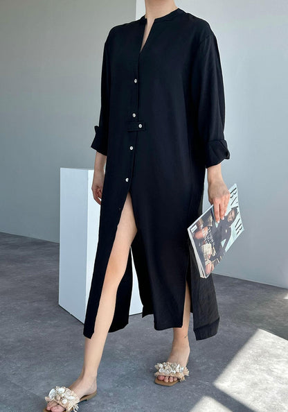 V Neck Shirt Dress - Black