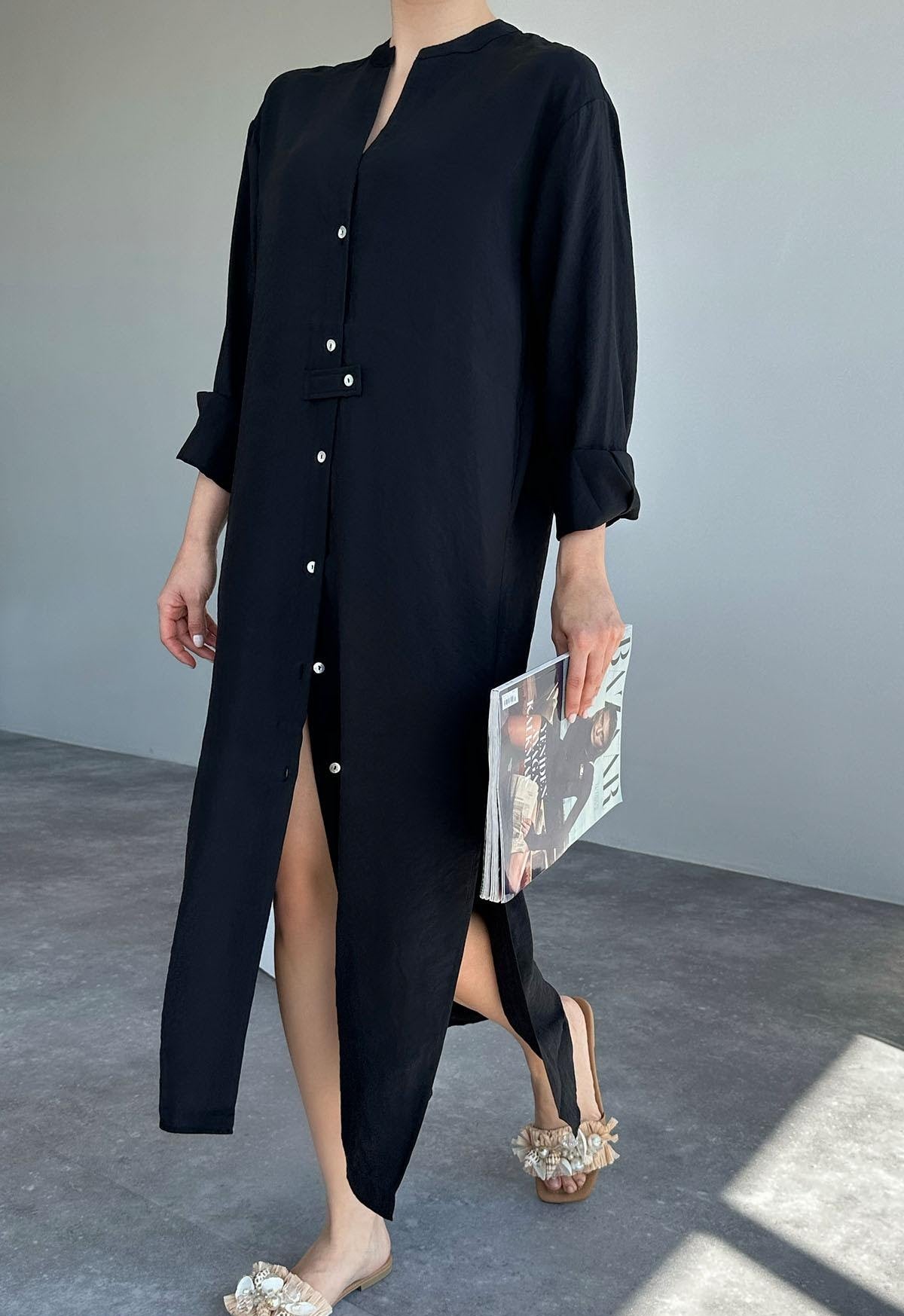 V Neck Shirt Dress - Black