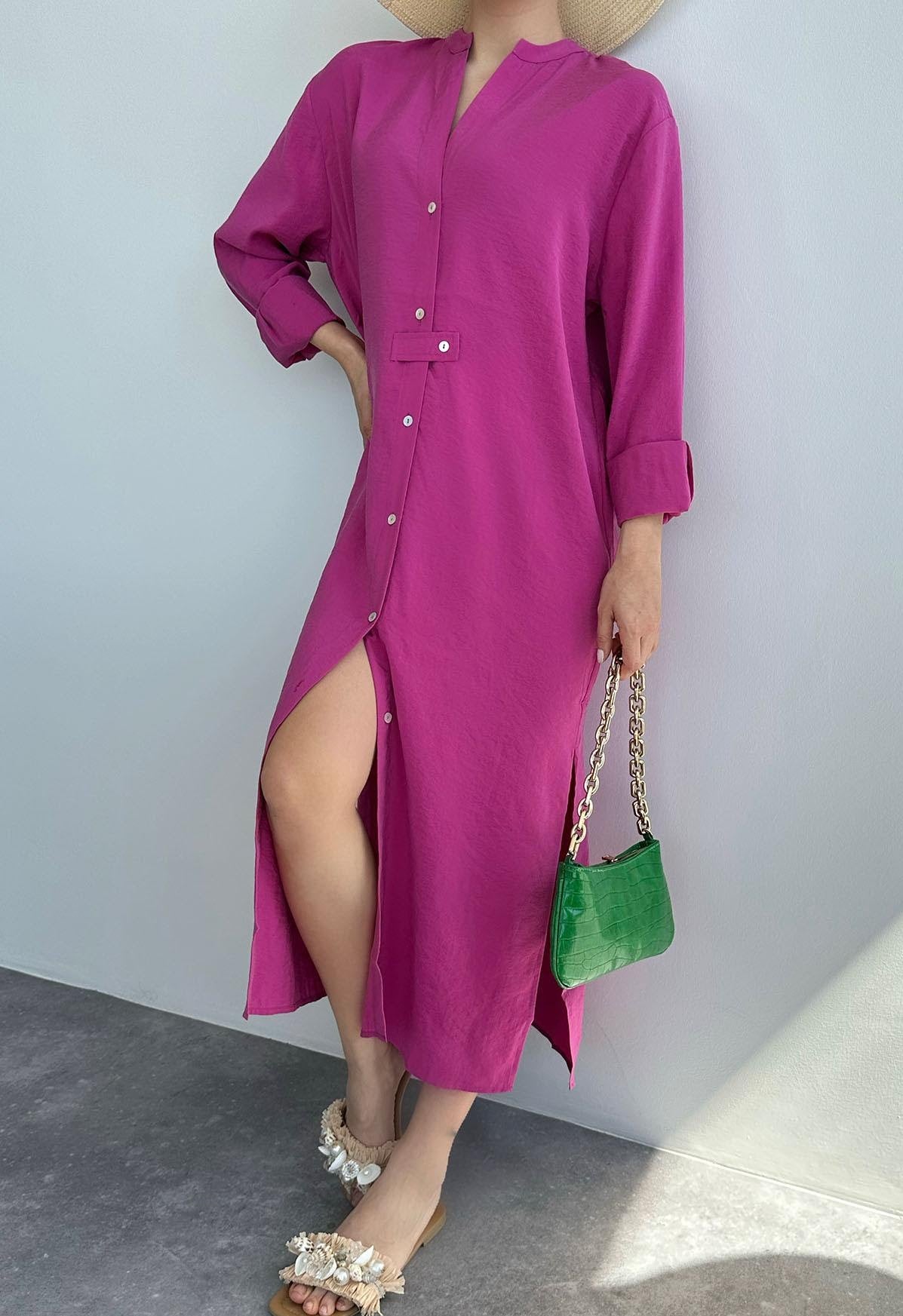 V Neck Shirt Dress -Sugar Pink