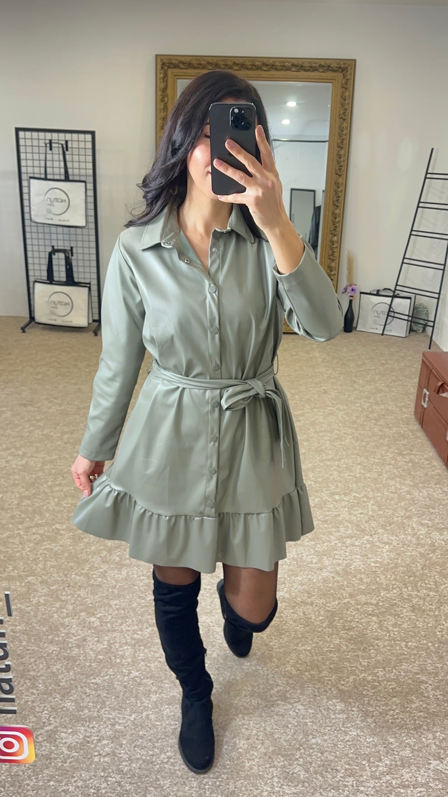 Musty green ruffled leather dress