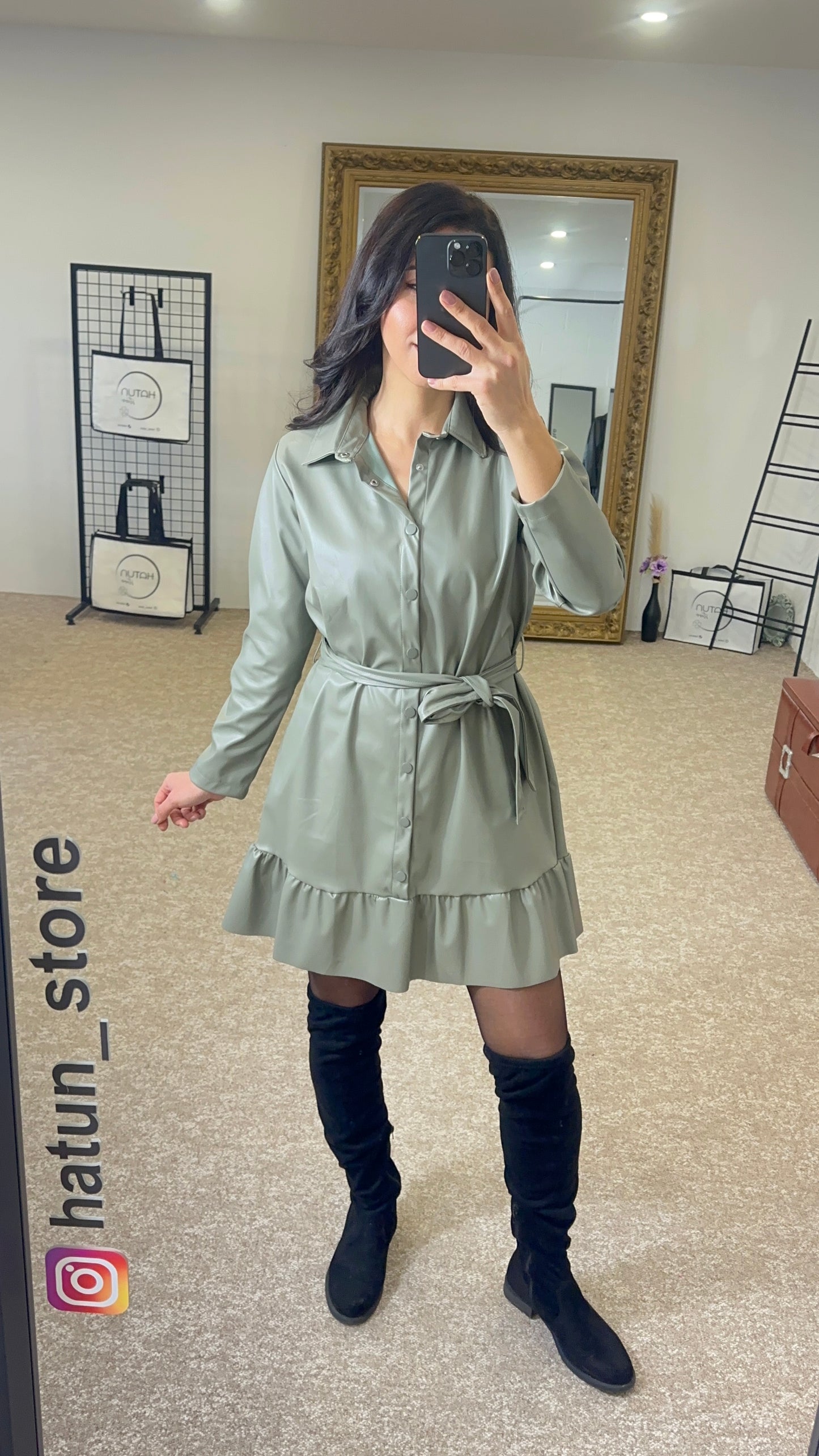 Musty green ruffled leather dress