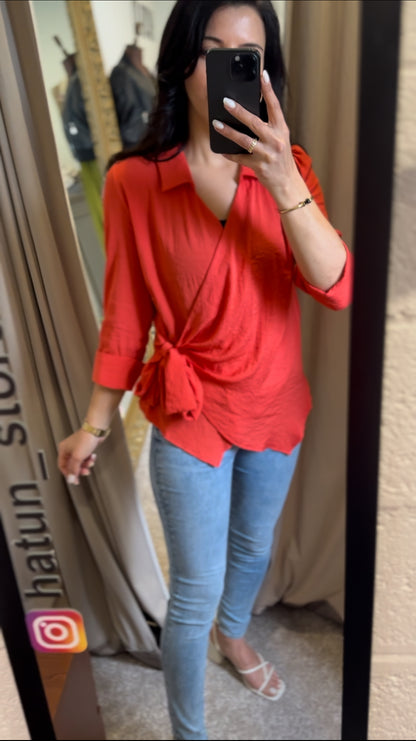 LUNA  Envelope blouse, Side tie - Orange