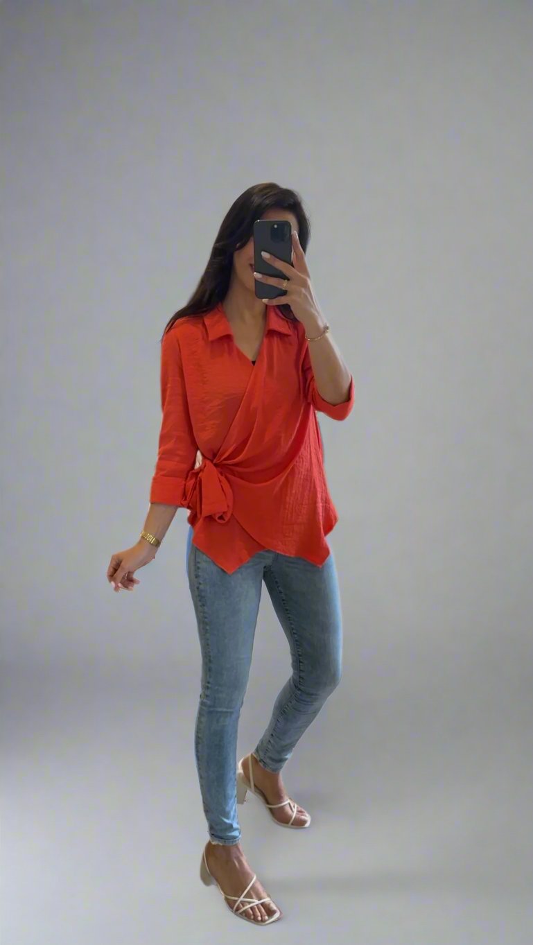 LUNA  Envelope blouse, Side tie - Orange