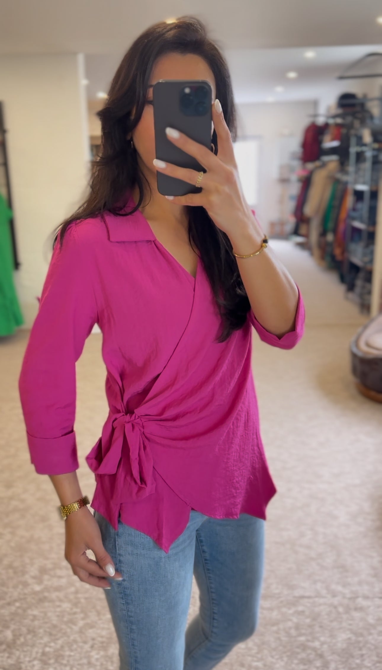 Katoenen blouse met envelop, strikband aan de zijkant - Roze