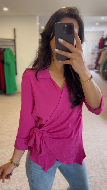 Katoenen blouse met envelop, strikband aan de zijkant - Roze