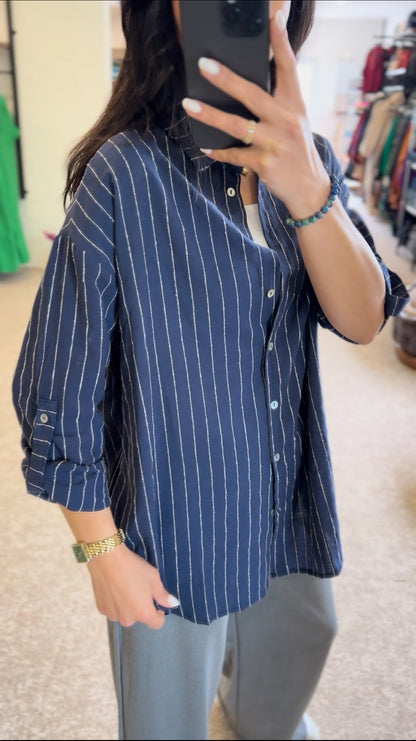 Cotton linen shirt, striped - Navy blue