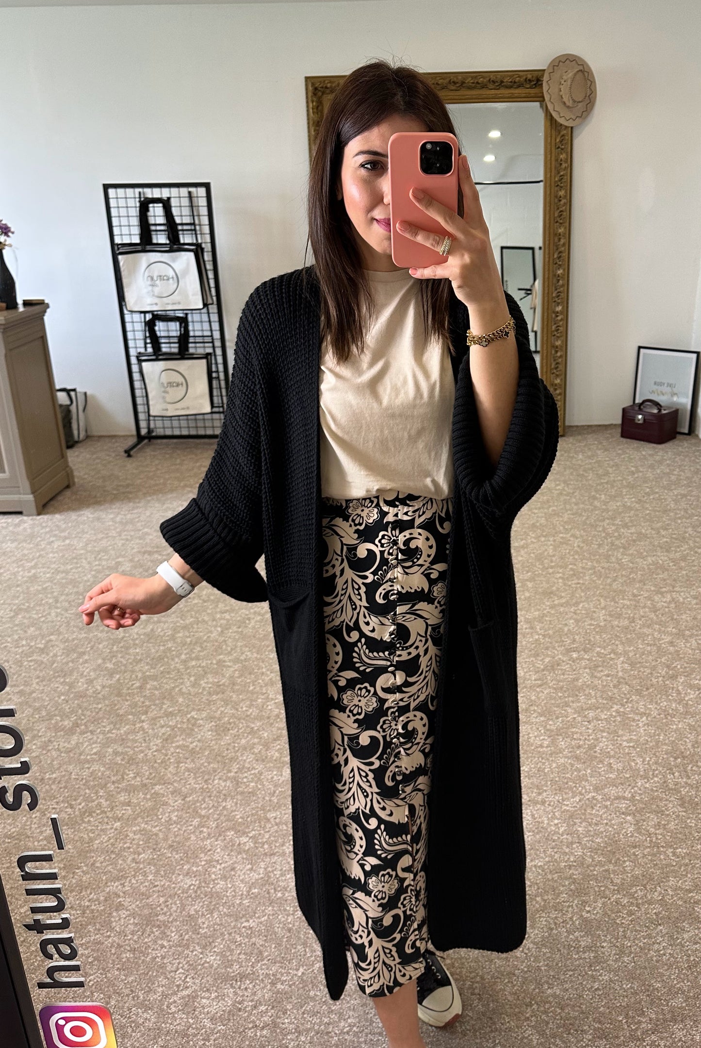 Black Chain knit long cardigan with pocket