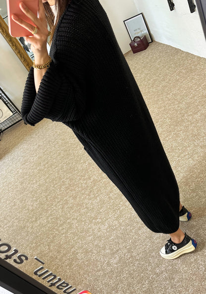 Black Chain knit long cardigan with pocket