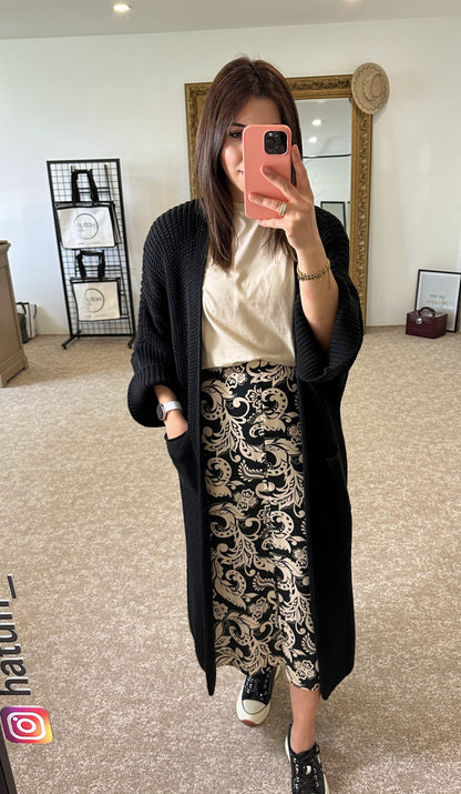 Black Chain knit long cardigan with pocket