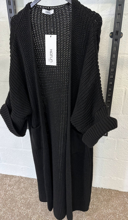 Black Chain knit long cardigan with pocket