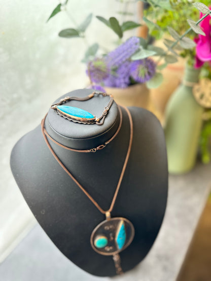 Handmade blue natural stone copper necklace and copper bangle set