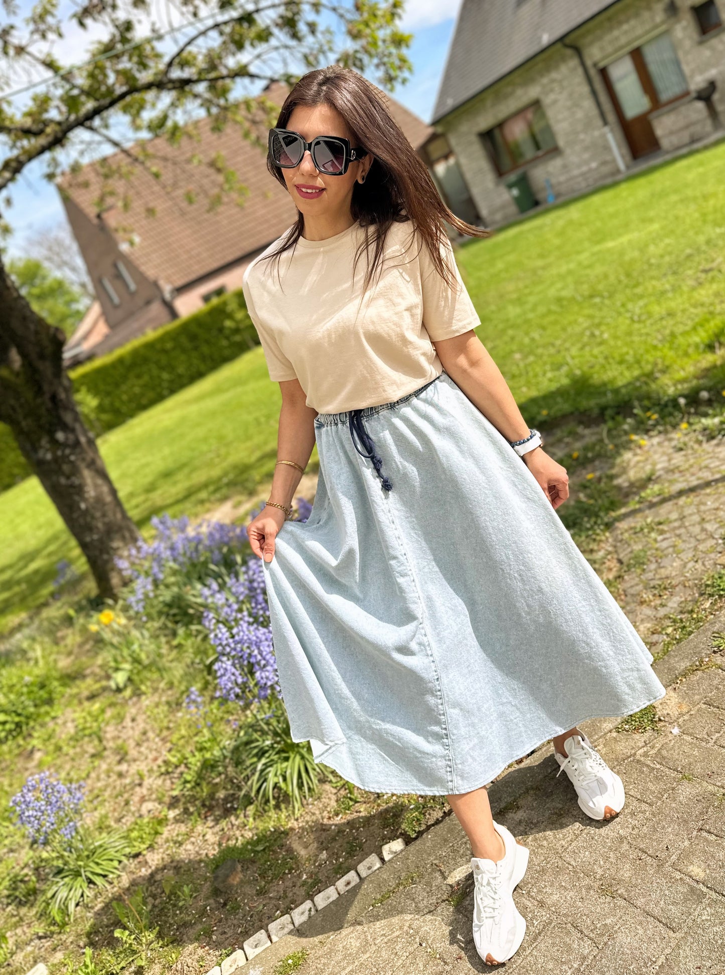 Lange katoenen jeansrok - lichtblauw / maxi denim rok