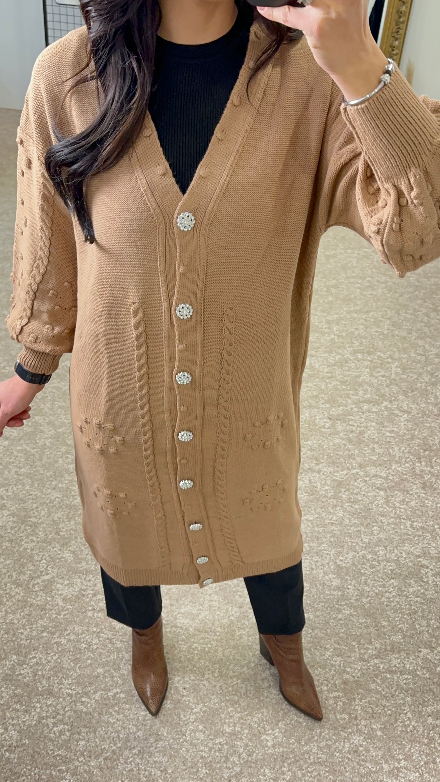 Knitwear long cardigan with silver buttons - Beige