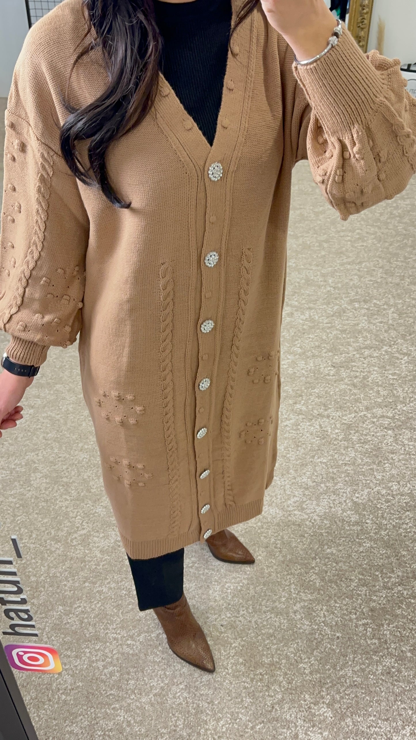 Knitwear long cardigan with silver buttons - Beige