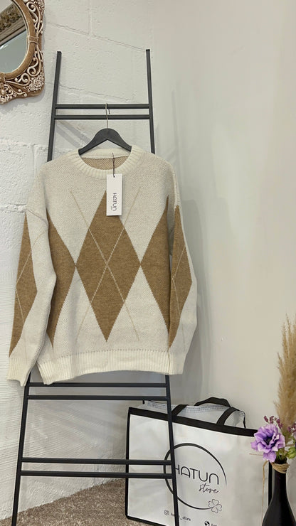 Argyle Sweater Oversize - Beige