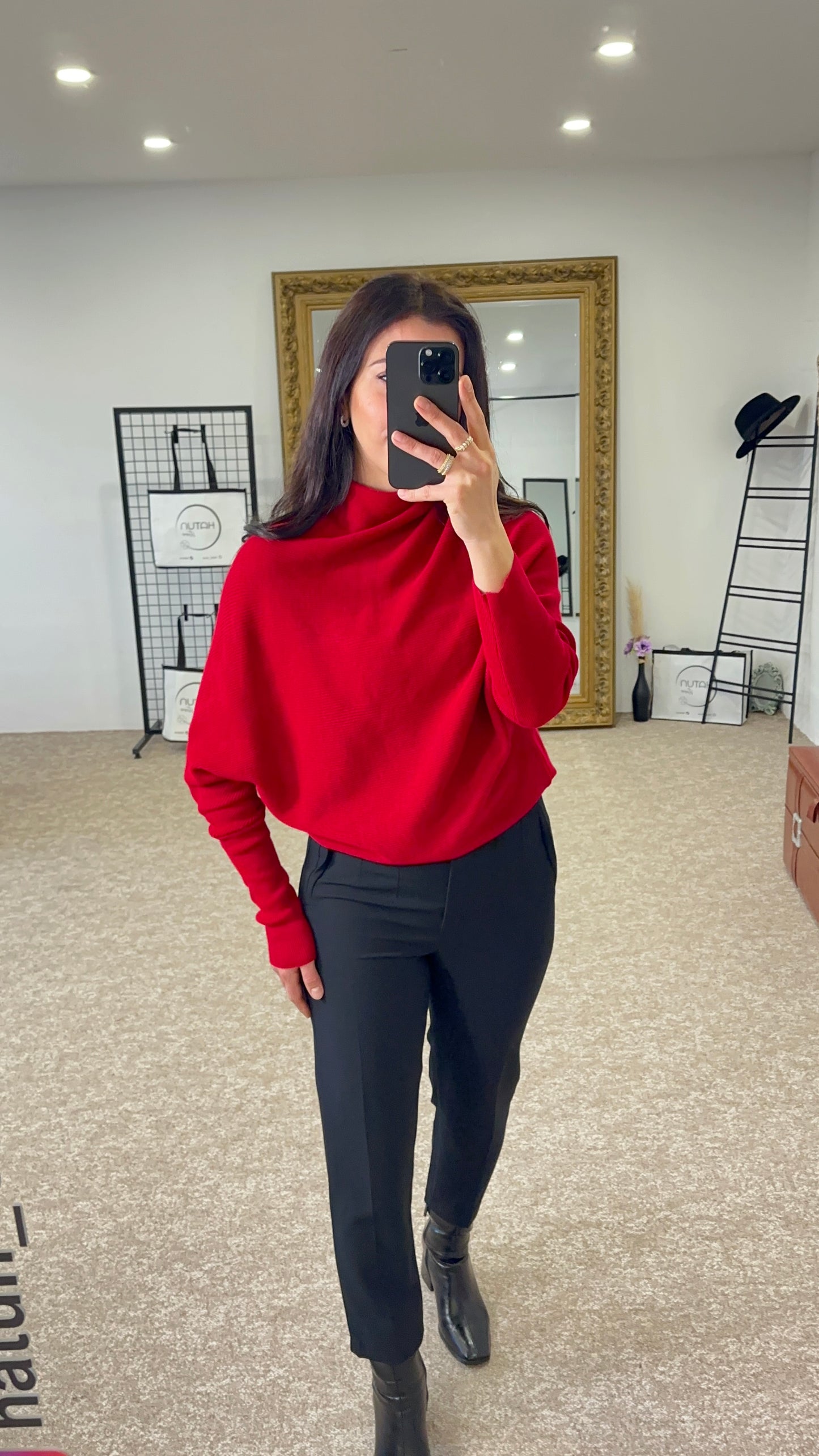 Batwing sleeve, knit sweater, solid color - Wine red