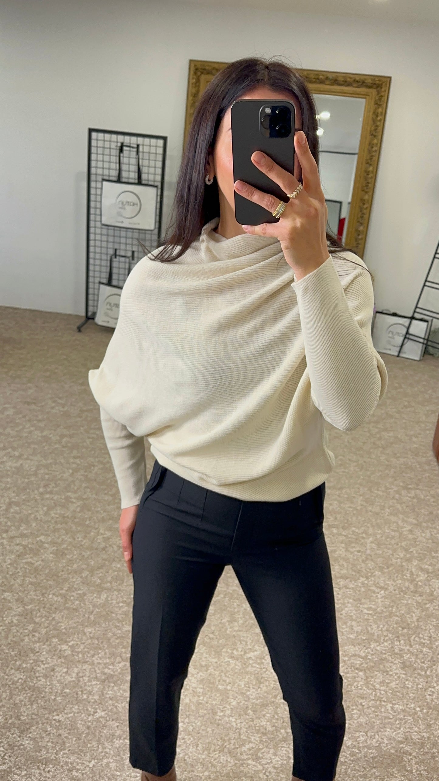 Batwing sleeve, knit sweater, solid color - Off White