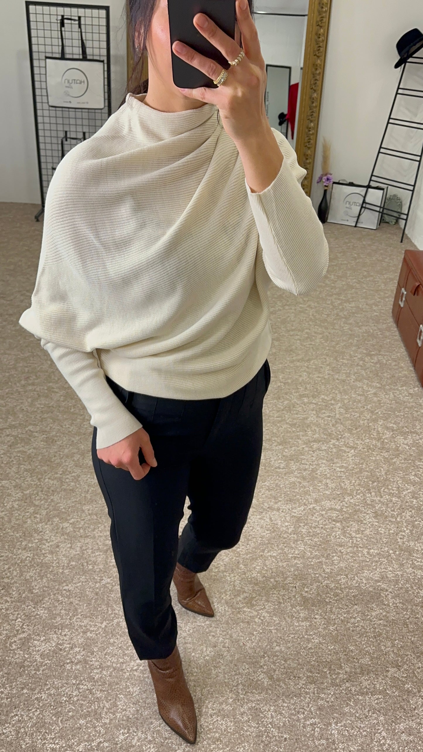 Batwing sleeve, knit sweater, solid color - Off White