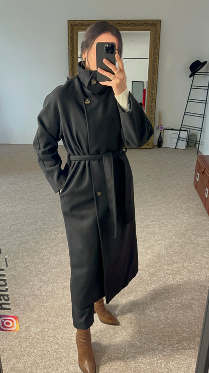 Waterproof Double Breasted Wool Black Coat