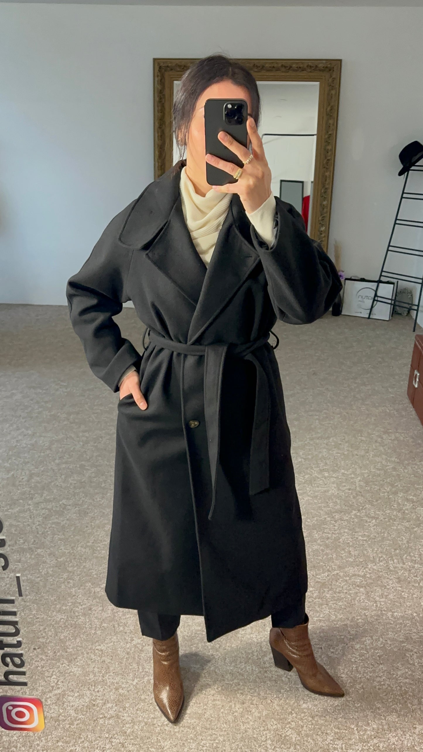 Waterproof Double Breasted Wool Black Coat