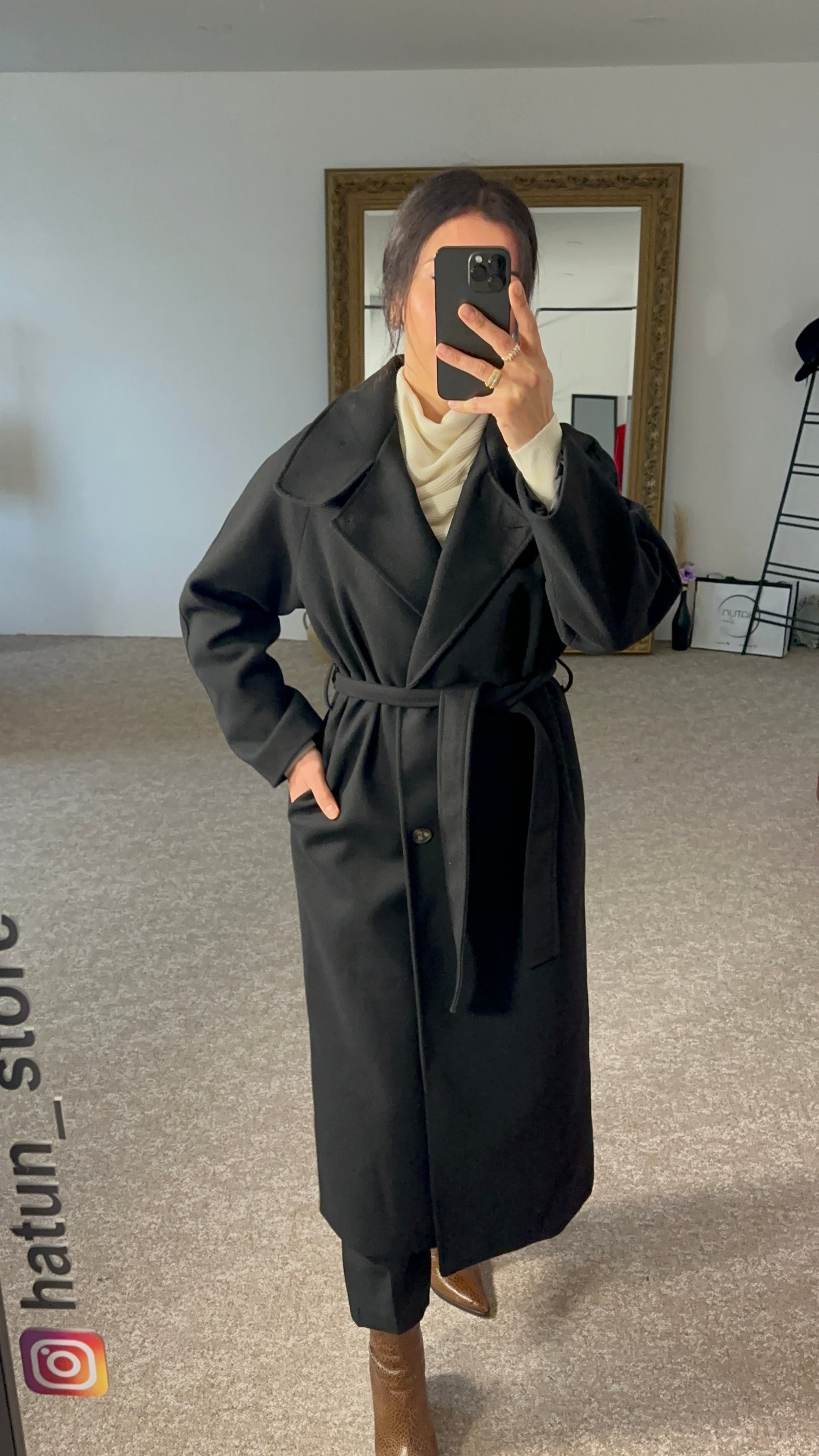 Waterproof Double Breasted Wool Black Coat