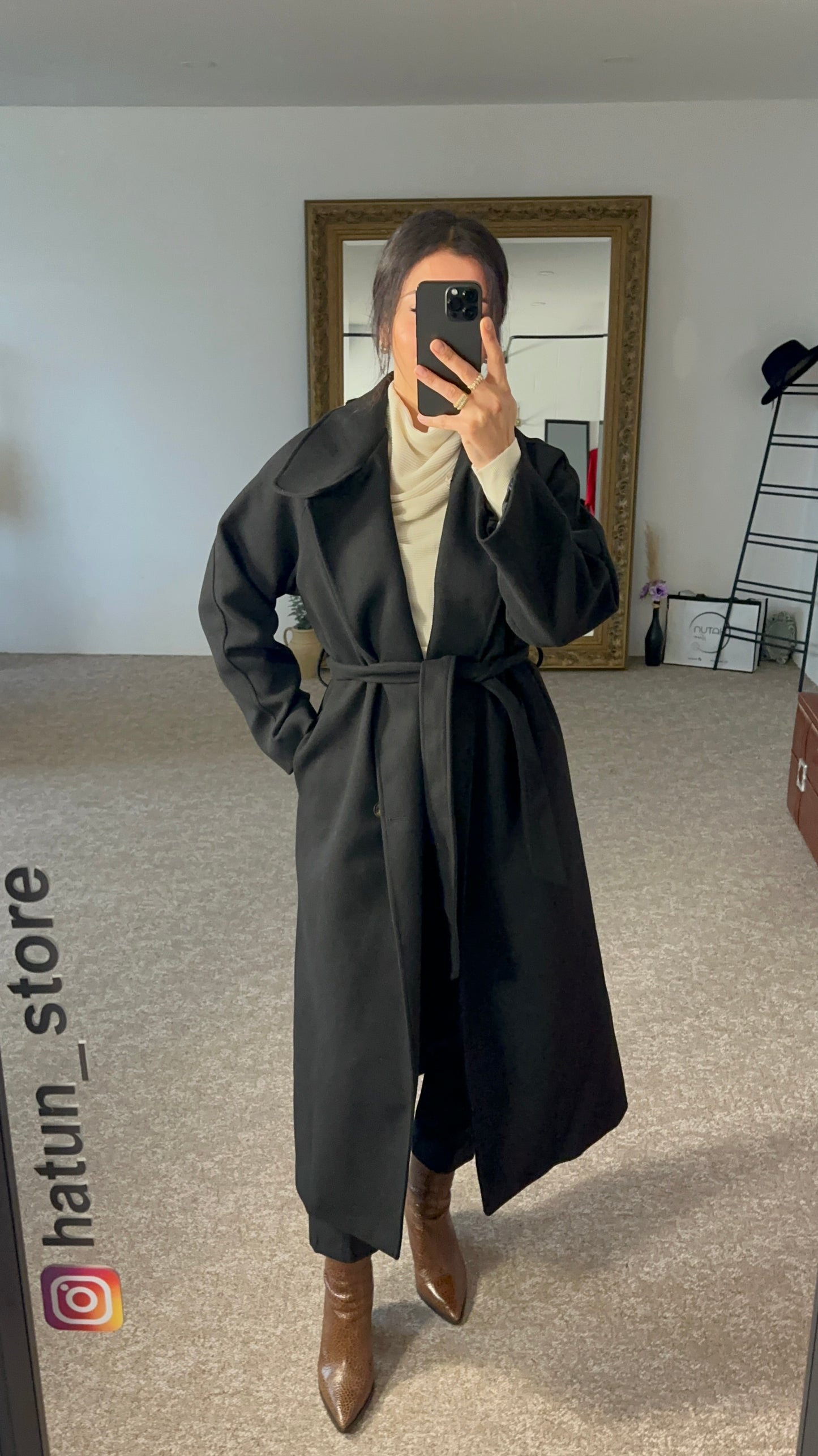 Waterproof Double Breasted Wool Black Coat