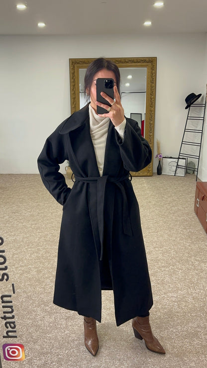 Waterproof Double Breasted Wool Black Coat