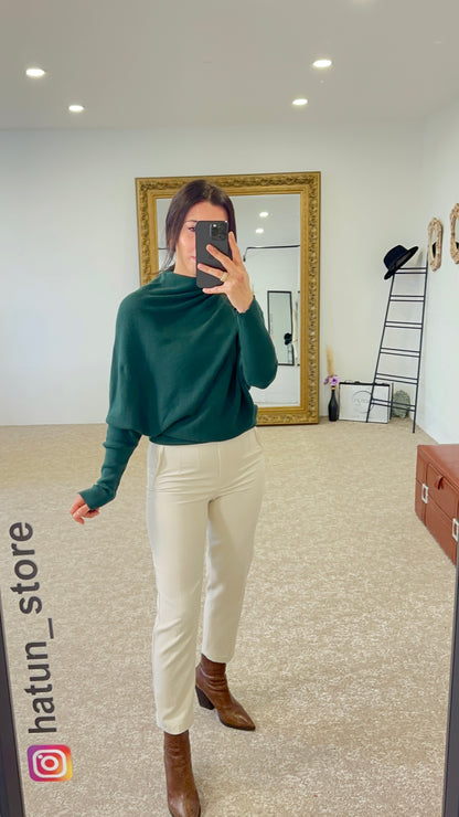 Batwing sleeve, knit sweater, solid color - Emerald green