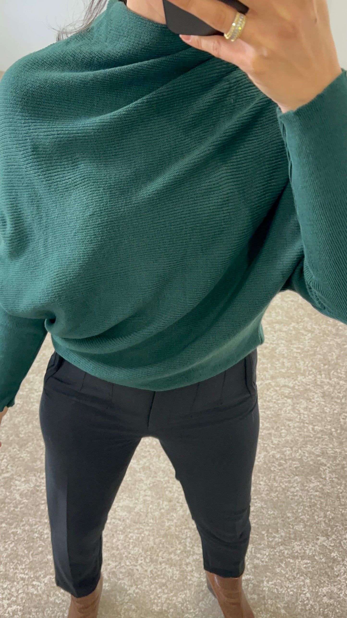 Batwing sleeve, knit sweater, solid color - Emerald green