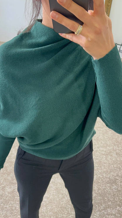 Batwing sleeve, knit sweater, solid color - Emerald green