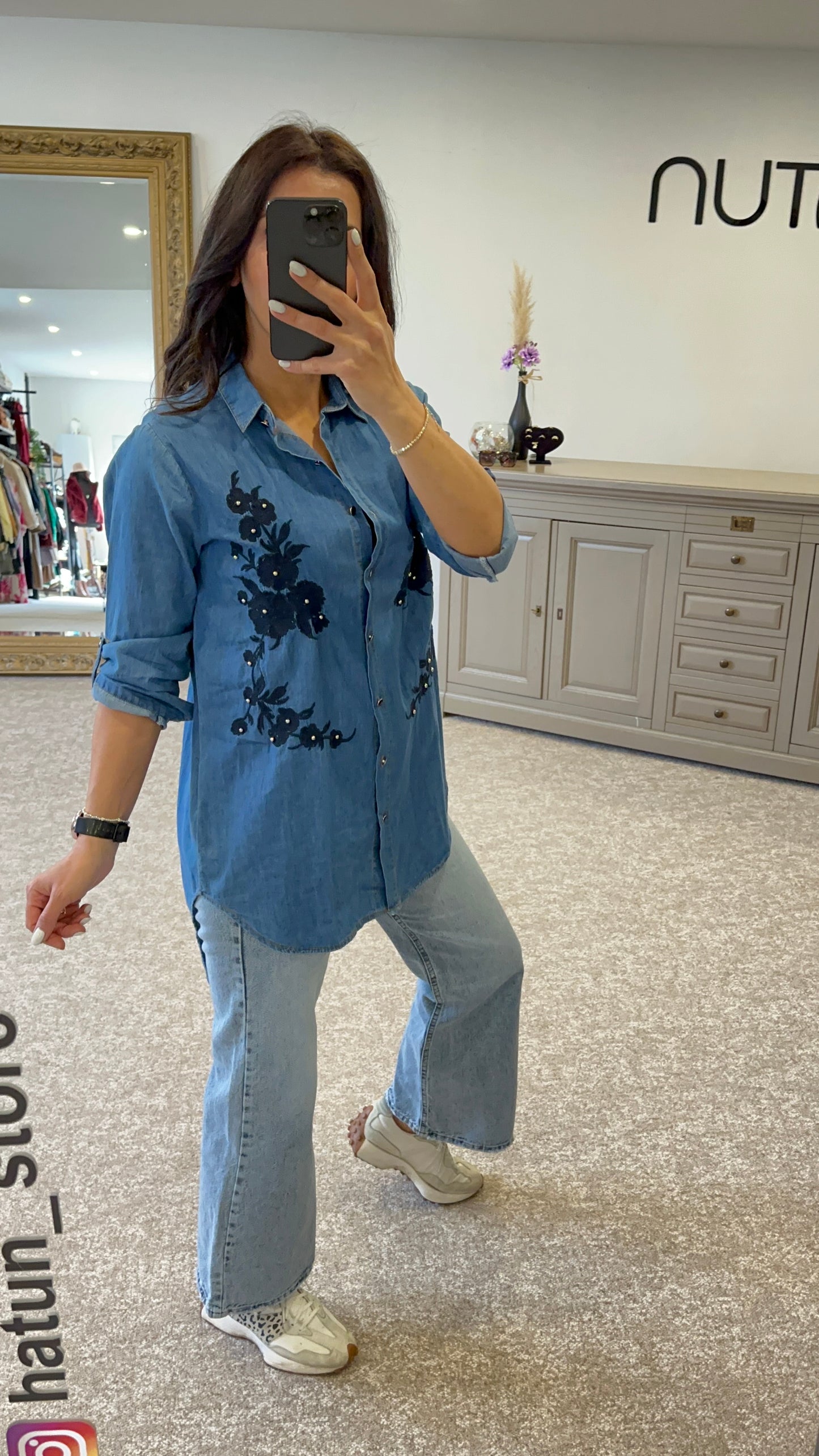 Nakış Detaylı Denim Tunik Gömlek