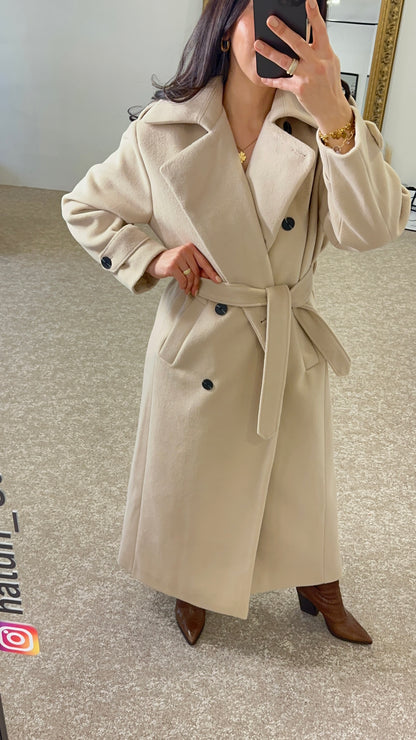 Luxury, epaulette sleeve, wool and cotton beige coat