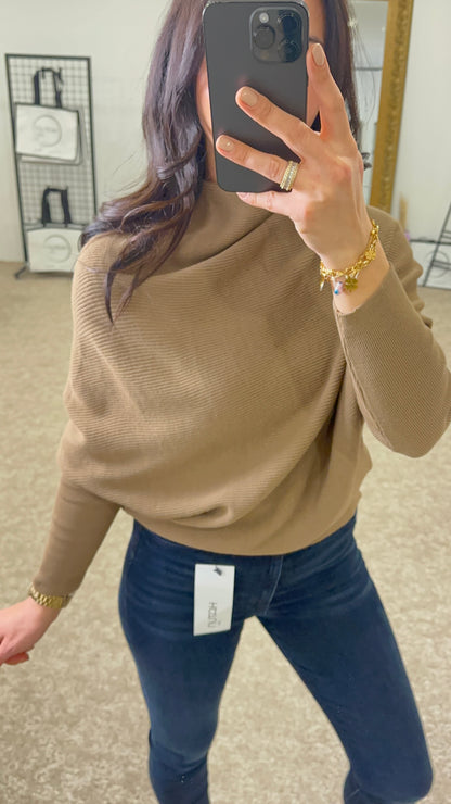 Batwing sleeve, knit sweater, solid color - Brown